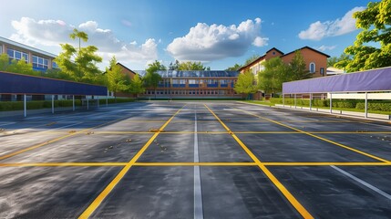 Back to School - Empty Banner on School Parking Lot, Student Drop-off Area, Educational Institution, Morning Routine