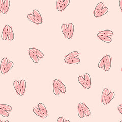 Pattern with pink hearts on light pink background. Seamless pattern, vector illustration.
