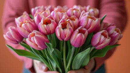 Fototapeta premium Pink tulip bouquet held by hands