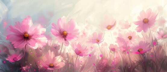 Pink cosmos flowers in a field