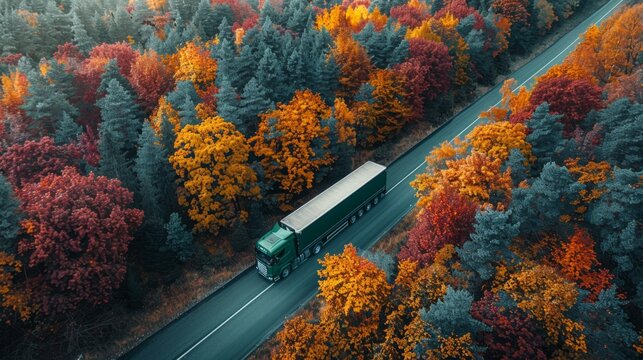Aerial View of Truck on Scenic Road Through Autumn Forest - Generative AI