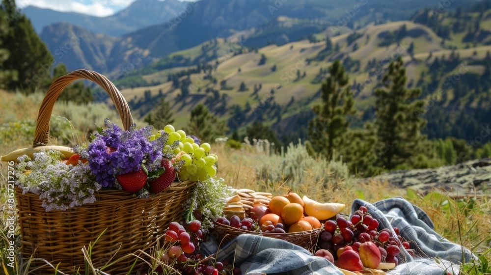 Poster a picnic basket filled to the brim with local fruits homemade dips and crackers all enjoyed while ta