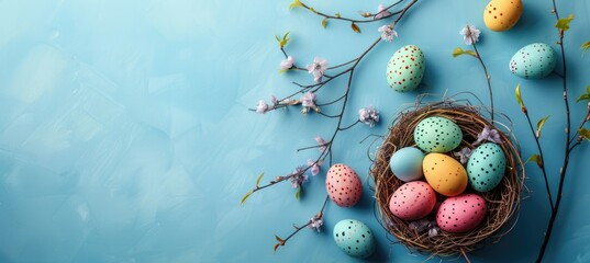 Decorated easter eggs in nest on blue background