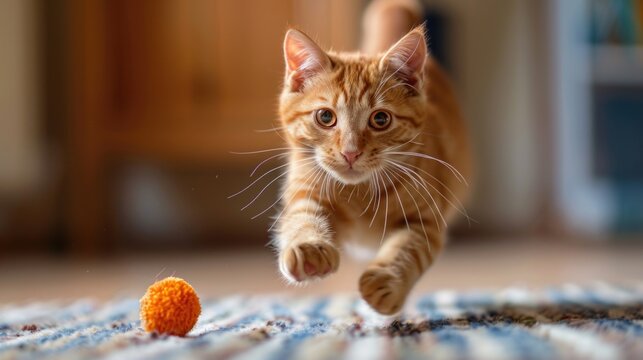 Orange tabby cat leaps towards toy - Powered by Adobe