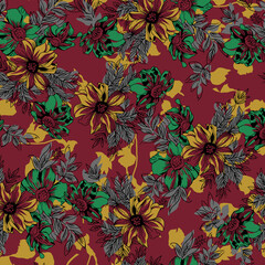 Seamless floral pattern with decorative art garden in nice colors. Cute flower print, ditsy design with wild plants: flowers on branches, large leaves on dark