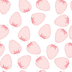 Seamless pattern with pink cute strawberry on white background. Vector illustration.	