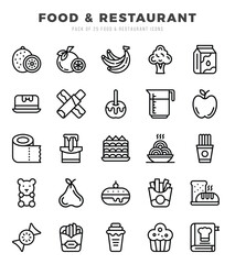 Food and Restaurant Lineal icons collection. 25 icon set. Vector illustration.