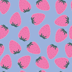 Seamless pattern with pink strawberry on blue background. Vector illustration.	