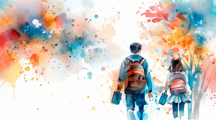 Watercolor illustration of an adult and a child with backpacks walking together, surrounded by vibrant splashes of color. Represents guidance and education themes. Ideal for back-to-school promotions 