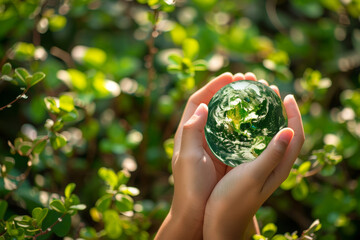 A closeup shot of hands holding a mini earth planet, green lifestyle concept, with blurred background.