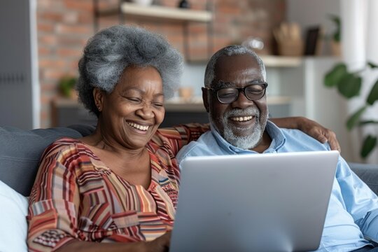 Senior couple using laptop on couch