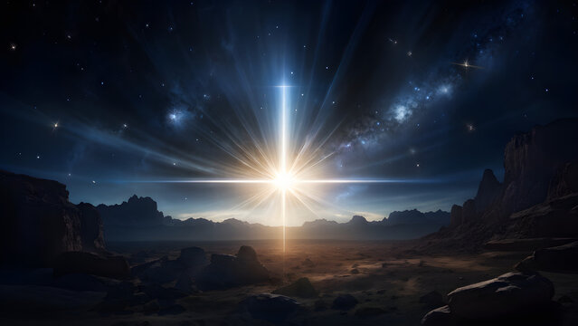 A bright and large star shines brightly, blessing baby Jesus in the manger of the stable. A background and concept that celebrates Christmas and suggests the birth and death of Jesus on the cross.
