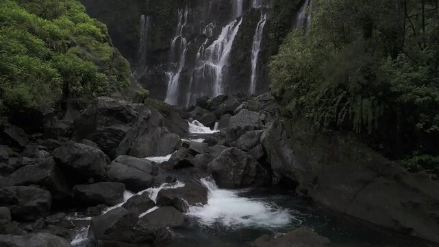Drone footage of the Grand Galet Falls in the commune of Saint-Joseph on the island of Reunion