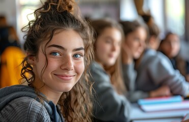 Obraz premium Smiling schoolgirl at desk glancing back as classmates move around in a lively classroom