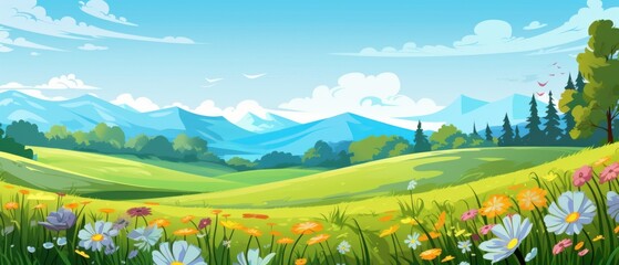 Fototapeta premium Scenic summer landscape with rolling hills, wildflower meadow, lush green forest and distant mountains. Ideal background for nature, environment, travel and adventure concepts.