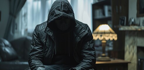 Mysterious Hooded Figure in Dark Room with Dramatic Lighting and Vintage Decor