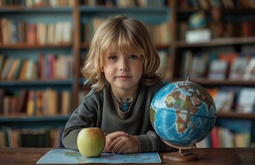 A young boy examines a globe attentively in a school library, exploring different countries and continents
