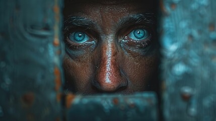 Close up of a mans eyes looking through a rusty cage