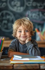 A cheerful young boy sits at a classroom desk with books and colored pencils, blackboard behind