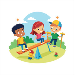 Cartoon kids playing on seesaw in the park vector