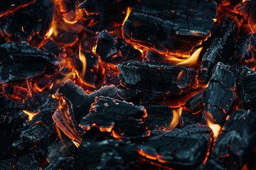 Burning charcoal embers glowing red with ash in fireplace
