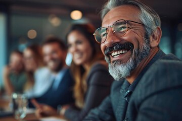 The beautiful executives, wearing eyeglasses and a well-groomed beard, are smiling and laughing while discussing statistical analysis around a table.