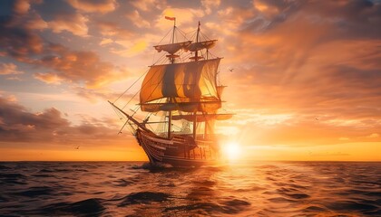 Fototapeta premium Ancient pirate ship sailing on the ocean at sunset