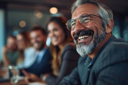 The beautiful executives, wearing eyeglasses and a well-groomed beard, are smiling and laughing while discussing statistical analysis around a table.
