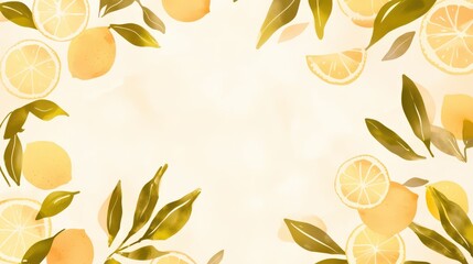 Bright and fresh citrus border with lemon slices and green leaves, perfect for summer backgrounds, invitations, or refreshing designs.