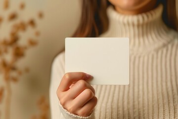 Obraz premium Close-up of woman in sweater holding blank card. Ideal for business card mockup, identity concept, and presentation design.