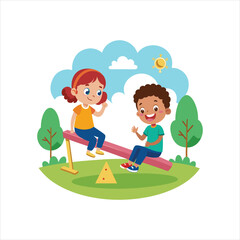 Cartoon kids playing on seesaw in the park vector