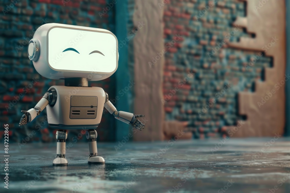 Poster 3d render of a white friendly robot standing and greeting in front of brick wall