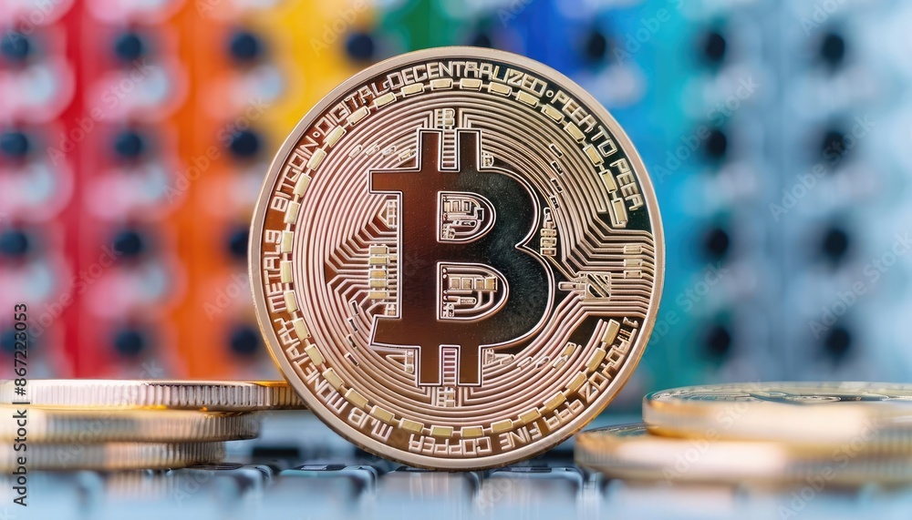 Aufkleber close-up of a bitcoin coin with a colorful background, representing cryptocurrency and digital curre