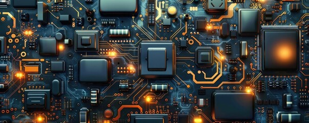 Fototapeta premium A close-up view of a highly detailed and illuminated circuit board, showcasing various electronic components and intricate connections.