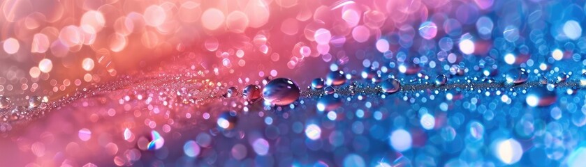 A vibrant close-up of water droplets on a colorful surface, blending shades of pink and blue, creating a stunning abstract effect.