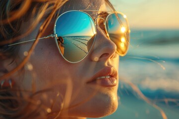 Woman wearing sunglasses on beach at sunset