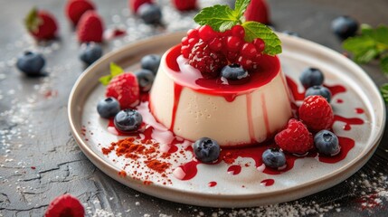 Creamy panna cotta dessert with strawberries and mint