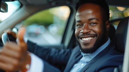 Happy man driving a car in the city