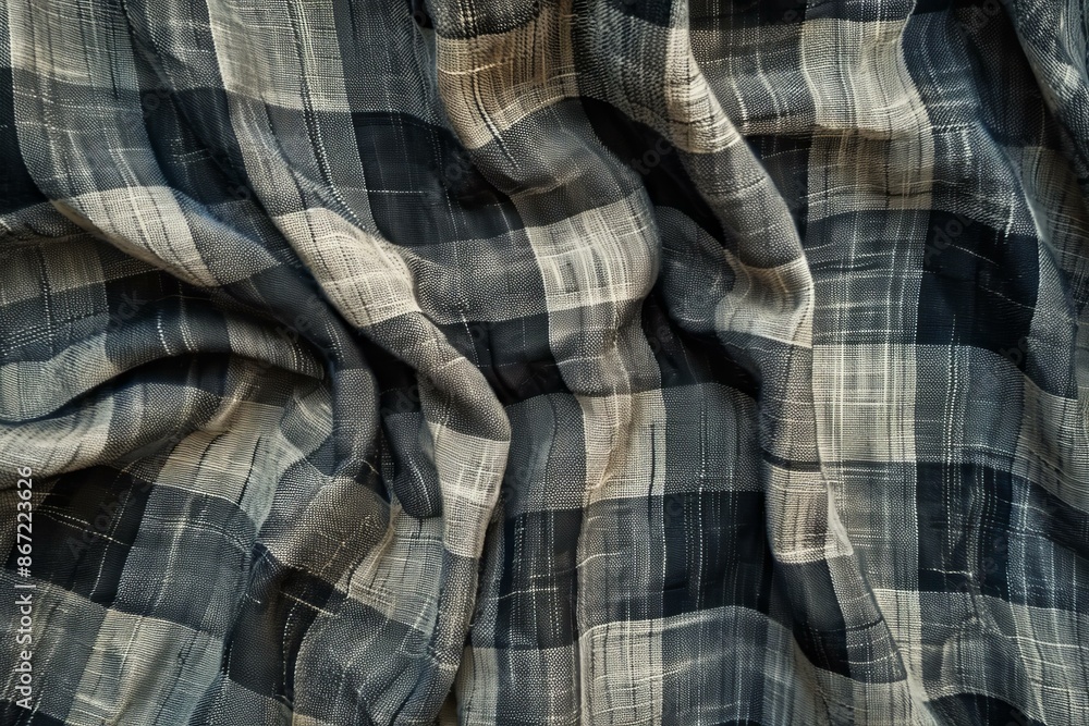 Poster black and beige fabric texture with a check pattern is crumpled and flowing down