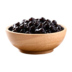 Black tapioca pearls or boba in wooden bowl, Ingredient in bubble tea