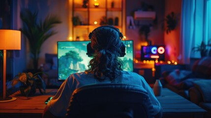 Fototapeta premium Gamer playing video game at night