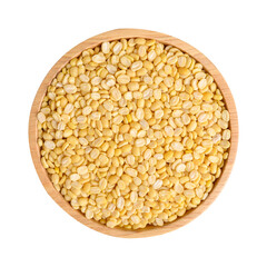 Yellow peeled split mung bean in wooden bowl, Top view