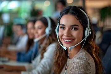 Happy co-workers wearing headsets and smiling, working in a call center; the beautiful woman leading a diverse, professional team with excellent customer service skills.