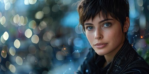 Portrait of Thoughtful Woman with Short Hair against Bokeh Background in Urban Setting