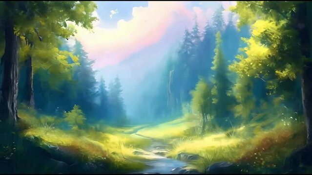 Artistic conception of beautiful landscape painting of nature of forest, background