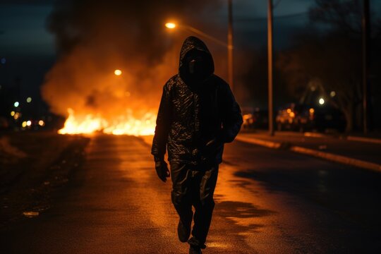 Hooded figure walking past burning car at night