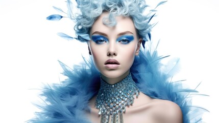 Elegant Fashion Model with Blue Hair and Feathers in High Fashion Jewelry Portrait