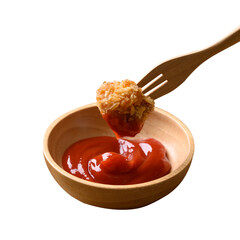 Deep fried pop chicken dipping with ketchup