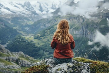 Naklejka premium Solo Woman Hiking and Meditating on Mountain Peak with Scenic Valley View