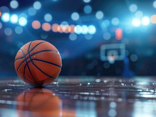 Closeup of Basketball on Glossy Court with Blurred Background Lights at Night